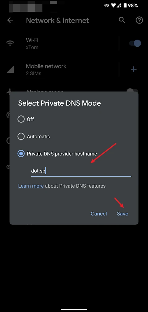 Android Private DNS hostname input